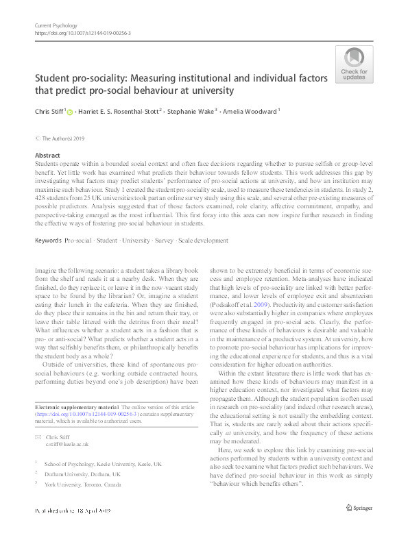 Student Pro-sociality: Measuring Institutional and Individual Factors that Predict Pro-social Behaviour at University Thumbnail