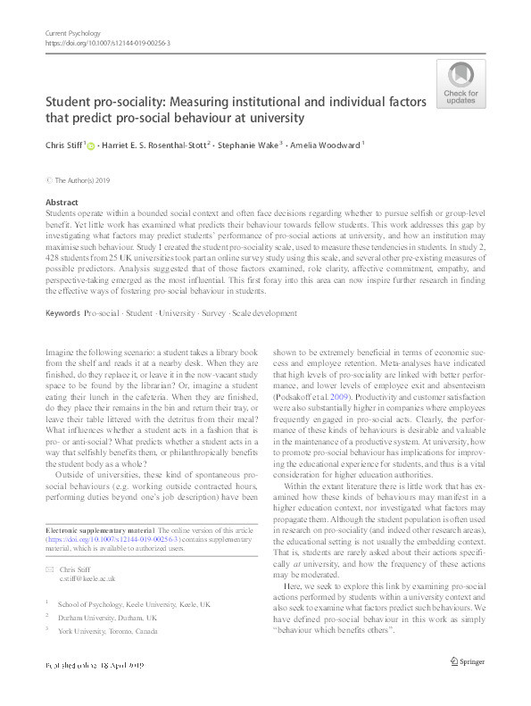 Student Pro-sociality: Measuring Institutional and Individual Factors that Predict Pro-social Behaviour at University Thumbnail