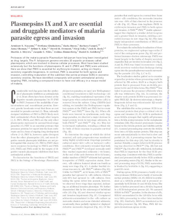 Plasmepsins IX and X are essential and druggable mediators of malaria parasite egress and invasion Thumbnail