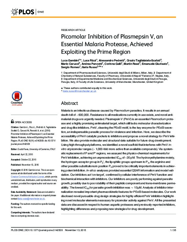 Picomolar Inhibition of Plasmepsin V, an Essential Malaria Protease, Achieved Exploiting the Prime Region Thumbnail