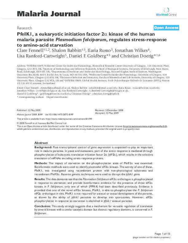 PfeIK1, a eukaryotic initiation factor 2a kinase of the human malaria parasite Plasmodium falciparum, regulates stress-response to amino-acid starvation Thumbnail