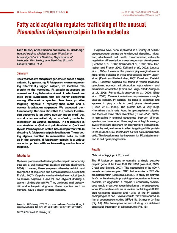 Fatty acid acylation regulates trafficking of the unusual Plasmodium falciparum calpain to the nucleolus Thumbnail