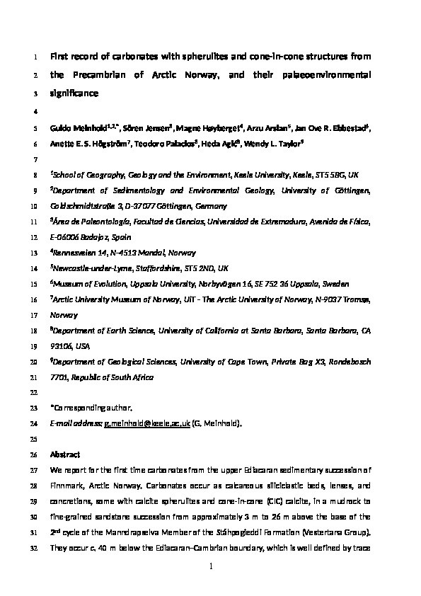 First record of carbonates with spherulites and cone-in-cone structures from the Precambrian of Arctic Norway, and their palaeoenvironmental significance Thumbnail