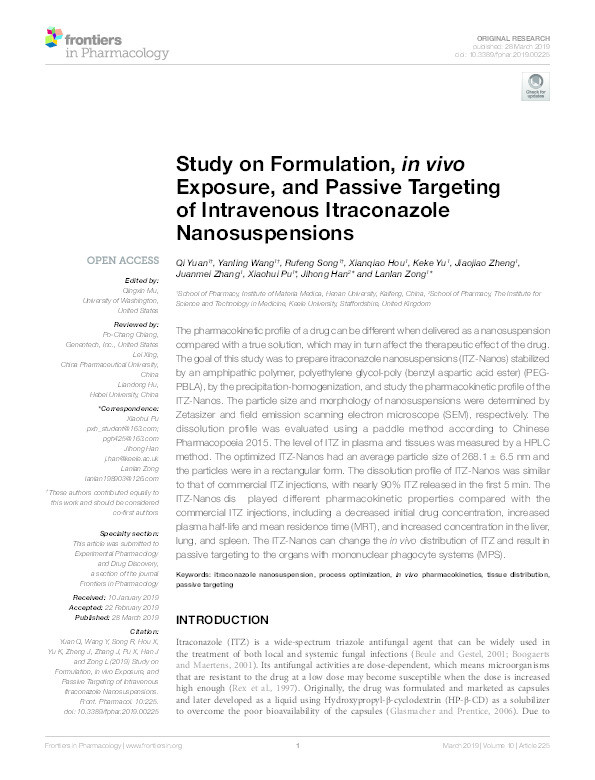 Study on Formulation, in vivo Exposure, and Passive Targeting of Intravenous Itraconazole Nanosuspensions Thumbnail