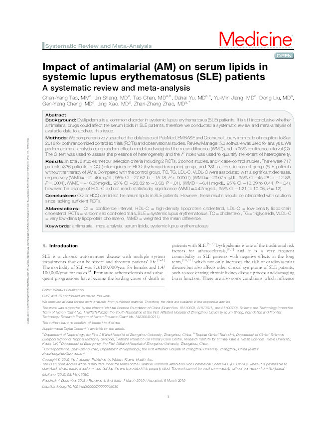 Impact of antimalarial (AM) on serum lipids in systemic lupus erythematosus (SLE) patients Thumbnail