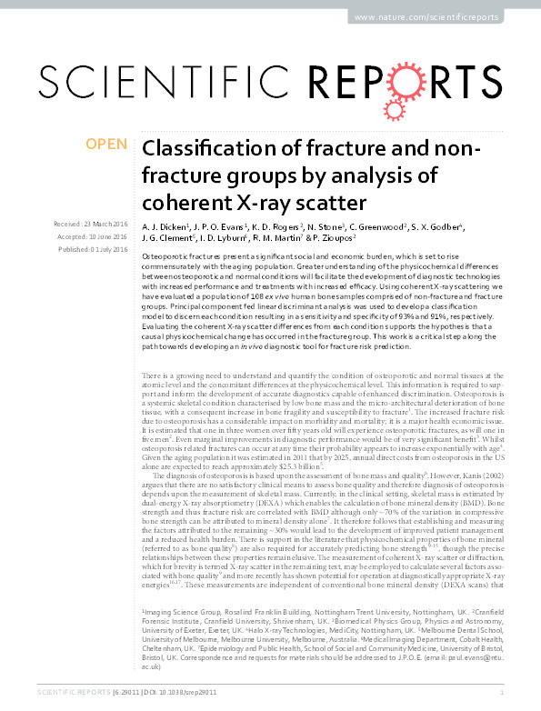 Classification of fracture and non-fracture groups by analysis of coherent X-ray scatter Thumbnail