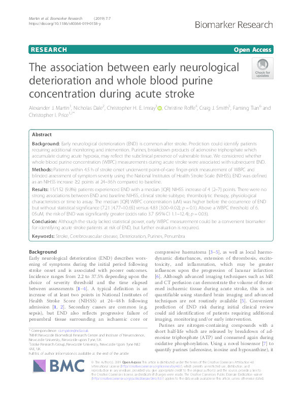 The association between early neurological deterioration and whole blood purine concentration during acute stroke Thumbnail