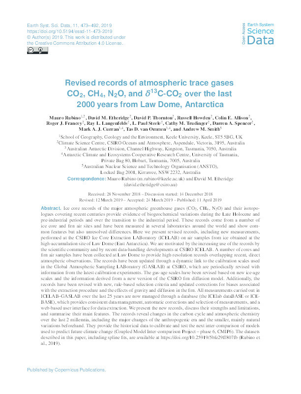 Revised records of atmospheric trace gases CO2, CH4, N2O, and d13C-CO2 over the last 2000 years from Law Dome, Antarctica Thumbnail