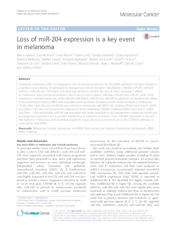 Loss of miR-204 expression is a key event in melanoma Thumbnail