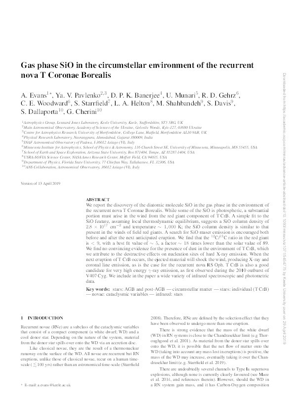 Gas phase SiO in the circumstellar environment of the recurrent nova T Coronae Borealis Thumbnail