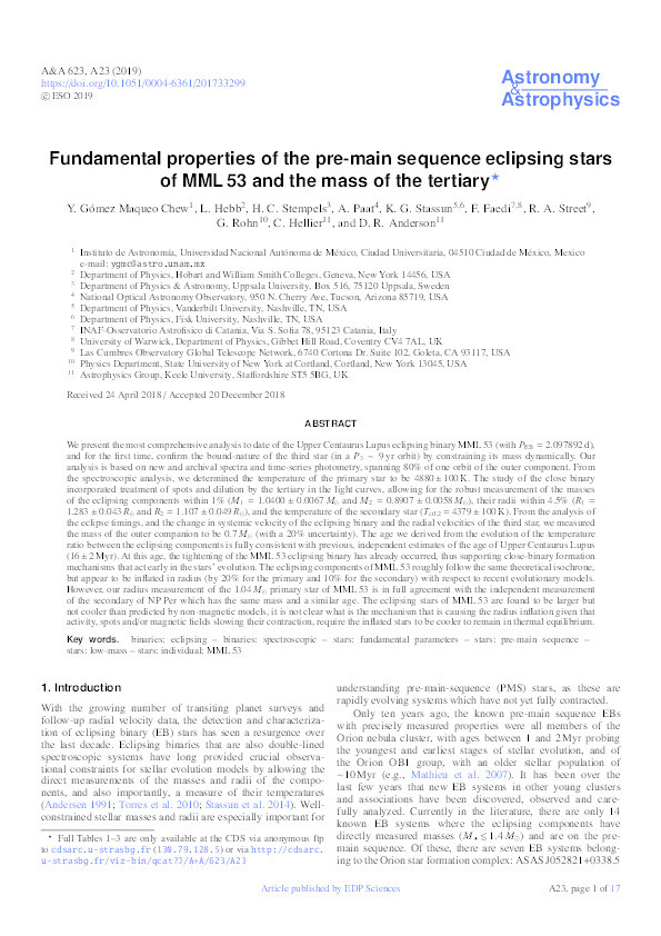 Fundamental properties of the pre-main sequence eclipsing stars of MML 53 and the mass of the tertiary Thumbnail