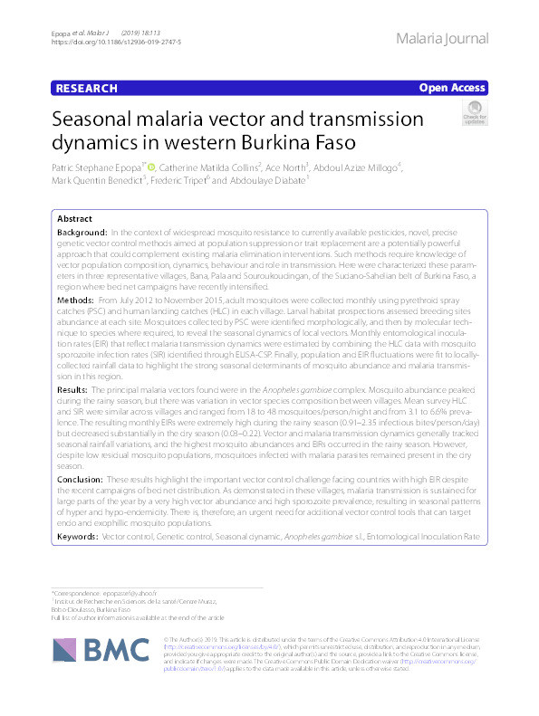 Seasonal malaria vector and transmission dynamics in western Burkina Faso Thumbnail
