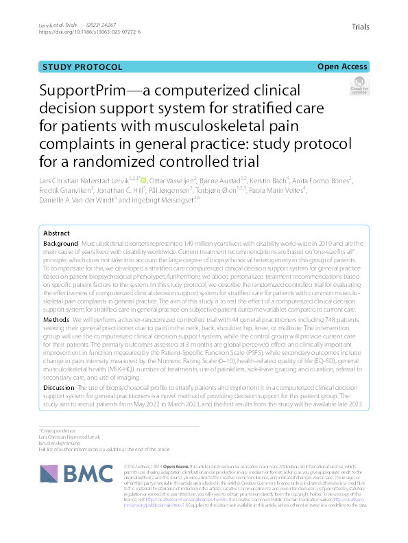 SupportPrim—a computerized clinical decision support system for stratified care for patients with musculoskeletal pain complaints in general practice: study protocol for a randomized controlled trial Thumbnail