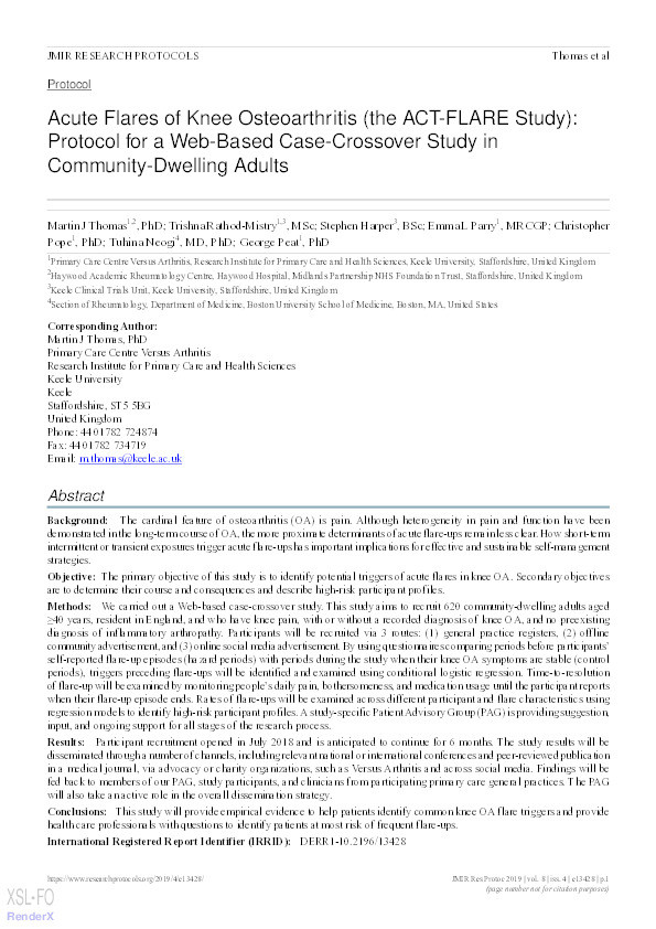 Acute Flares of Knee Osteoarthritis (the ACT-FLARE Study): Protocol for a Web-Based Case-Crossover Study in Community-Dwelling Adults. Thumbnail