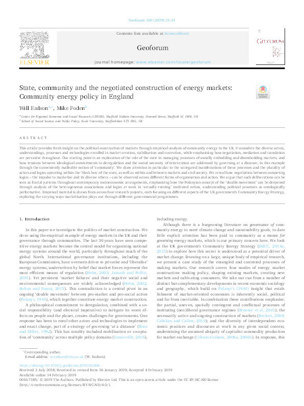 State, community community and the negotiated construction of energy markets: Community energy policy in England Thumbnail