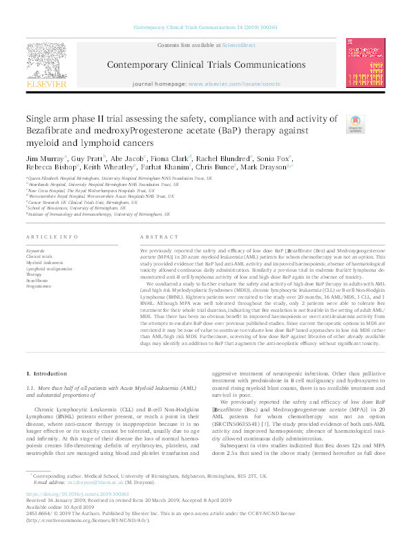 Single arm phase II trial assessing the safety, compliance with and activity of Bezafibrate and medroxyProgesterone acetate (BaP) therapy against myeloid and lymphoid cancers. Thumbnail