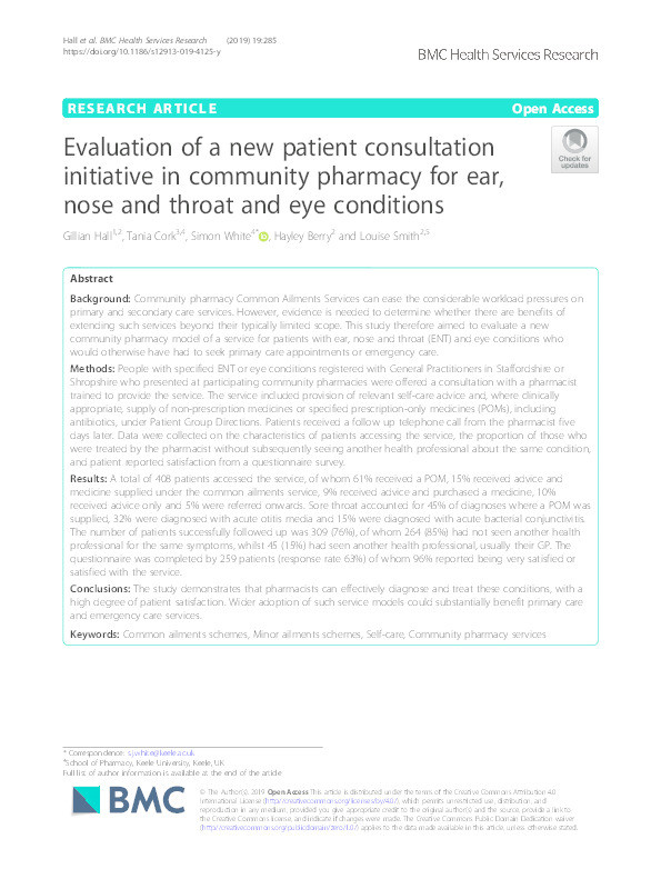 Evaluation of a new patient consultation initiative in community pharmacy for ear, nose and throat and eye conditions Thumbnail