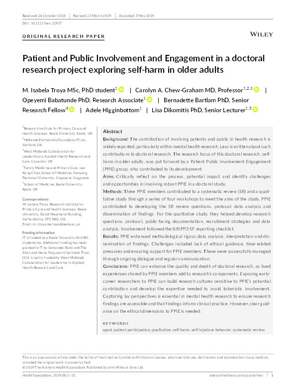 Patient and Public Involvement and Engagement in a doctoral research project exploring self-harm in older adults Thumbnail