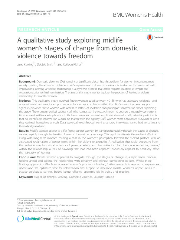 A qualitative study exploring midlife women's stages of change from domestic violence towards freedom. Thumbnail