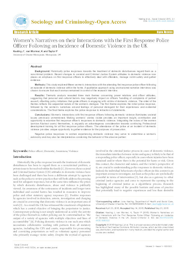 Women's narratives on their interactions with the first response police officer following an incident of domestic violence in the UK Thumbnail
