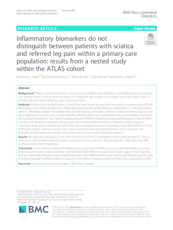 Inflammatory biomarkers do not distinguish between patients with sciatica and referred leg pain within a primary care population: results from a nested study within the ATLAS cohort Thumbnail