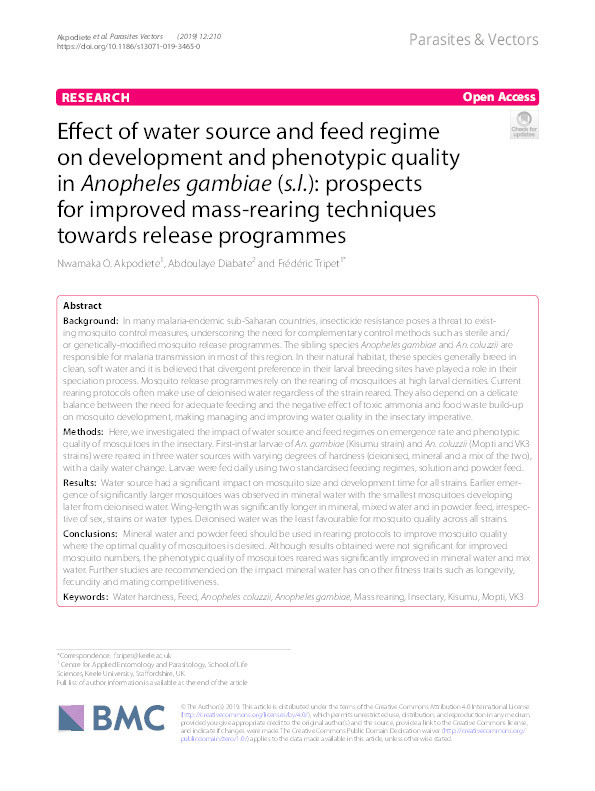 Effect of water source and feed regime on development and phenotypic quality in Anopheles gambiae (s.l.): prospects for improved mass-rearing techniques towards release programmes. Thumbnail