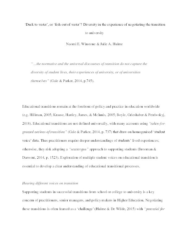 'Duck to water' or 'fish out of water'? Diversity in the experience of negotiating the transition to university Thumbnail