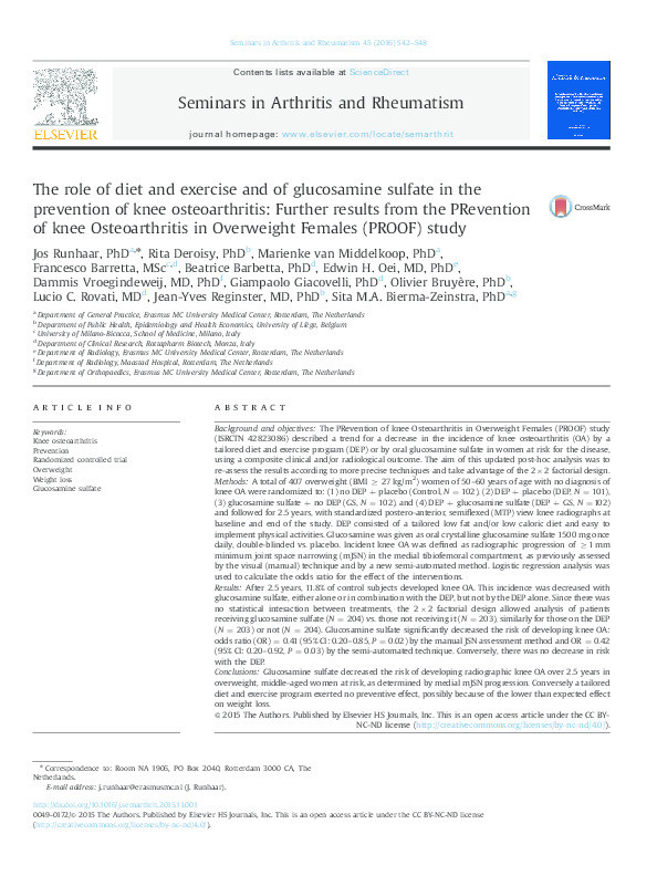 The role of diet and exercise and of glucosamine sulfate in the prevention of knee osteoarthritis: Further results from the PRevention of knee Osteoarthritis in Overweight Females (PROOF) study. Thumbnail