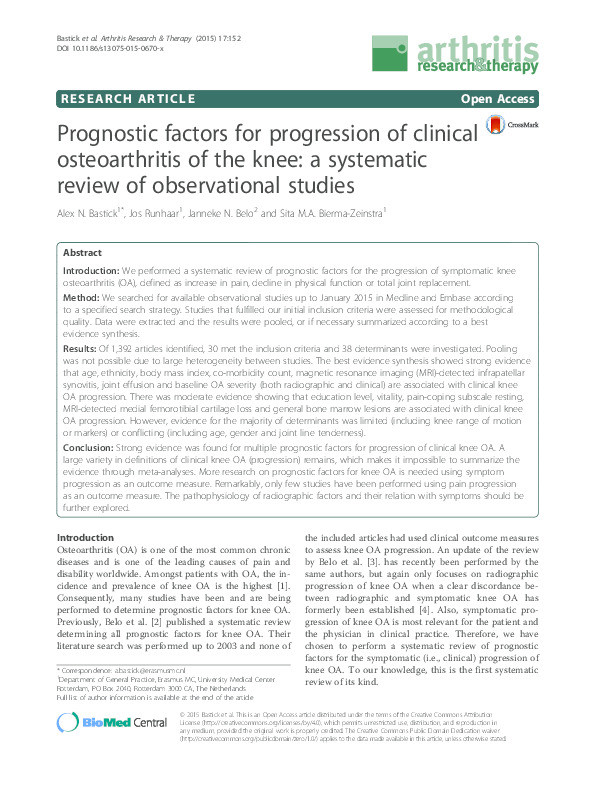 Prognostic factors for progression of clinical osteoarthritis of the knee: a systematic review of observational studies. Thumbnail