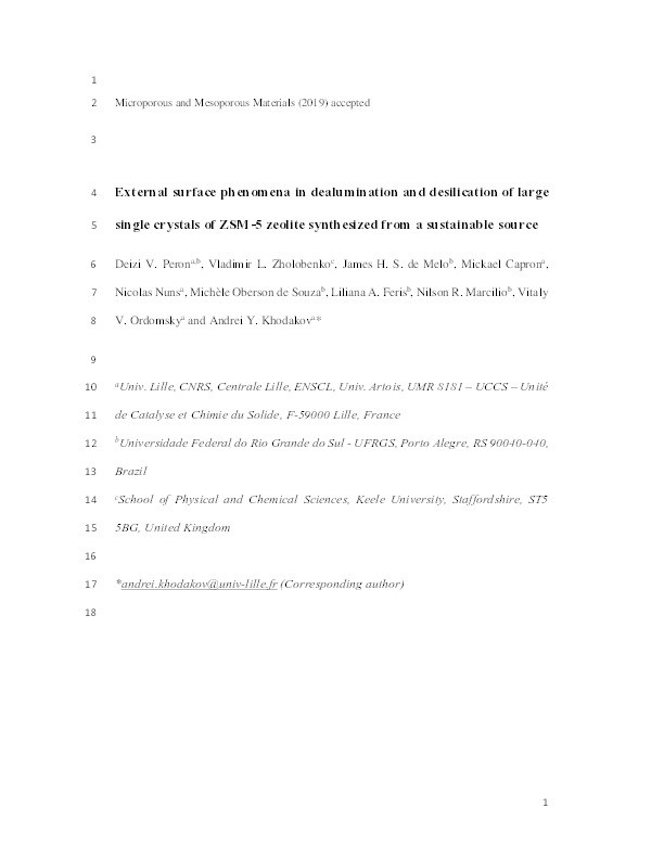 External surface phenomena in dealumination and desilication of large single crystals of ZSM-5 zeolite synthesized from a sustainable source Thumbnail