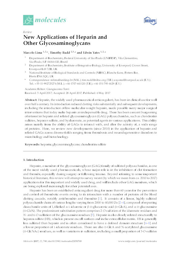 New applications of heparin and other glycosaminoglycans Thumbnail