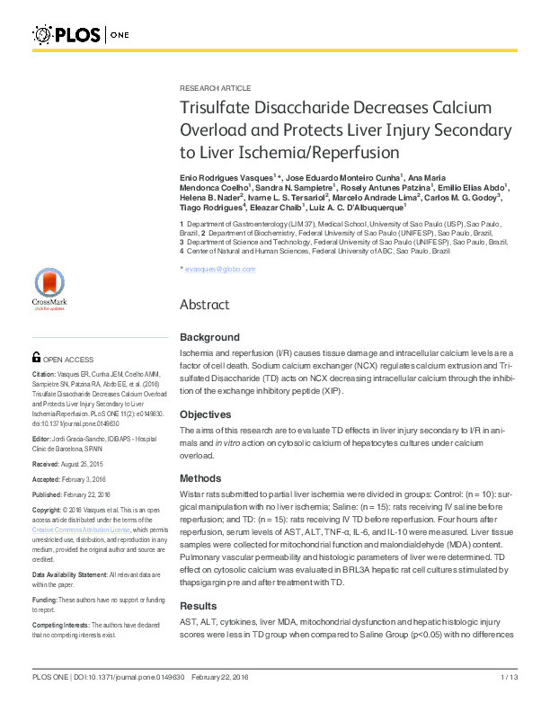 Trisulfate disaccharide decreases calcium overload and protects liver injury secondary to liver ischemia/reperfusion Thumbnail