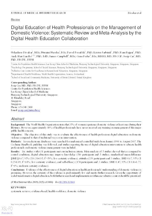 Digital Education of Health Professionals on the Management of Domestic Violence: Systematic Review and Meta-Analysis by the Digital Health Education Collaboration Thumbnail