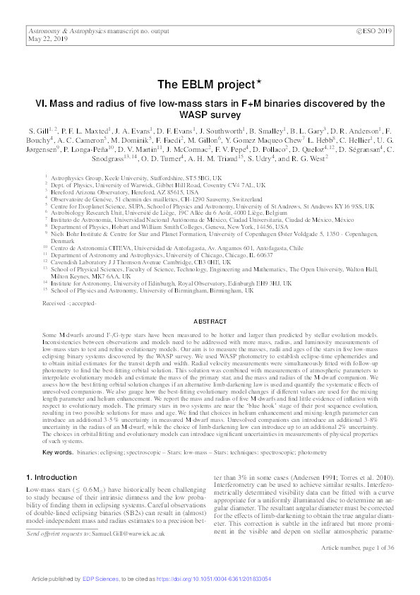 The EBLM Project VI. The mass and radius of five low-mass stars in F+M binaries discovered by the WASP survey Thumbnail