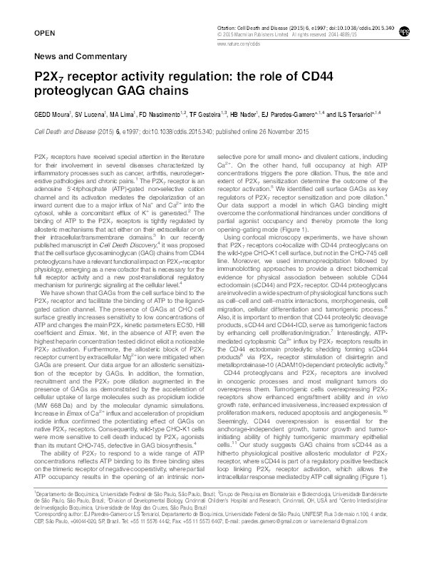 P2X 7 receptor activity regulation: the role of CD44 proteoglycan GAG chains Thumbnail