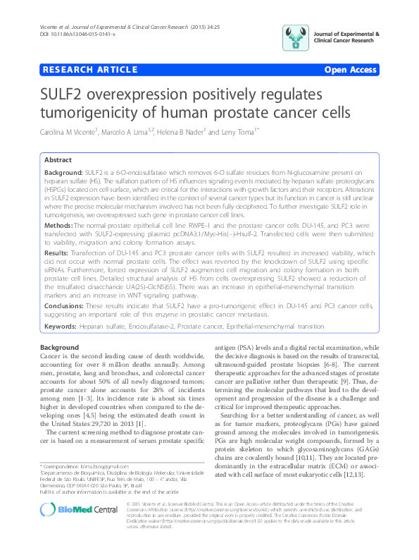 SULF2 overexpression positively regulates tumorigenicity of human prostate cancer cells Thumbnail
