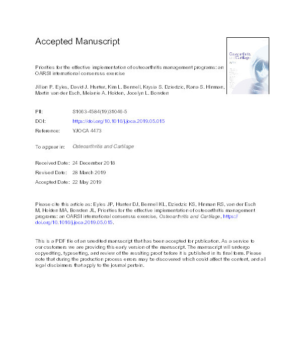 Priorities for the effective implementation of osteoarthritis management programs: an OARSI international consensus exercise Thumbnail