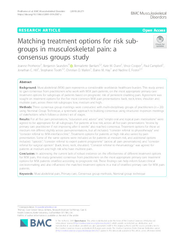 Matching treatment options for risk sub-groups in musculoskeletal pain: a consensus groups study Thumbnail