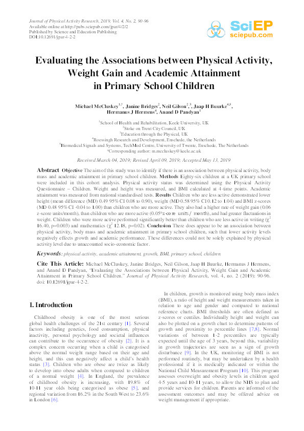 Evaluating the Associations between Physical Activity, Weight Gain and Academic Attainment in Primary School Children Thumbnail