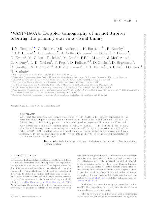 WASP-180Ab: Doppler tomography of an hot Jupiter orbiting the primary star in a visual binary Thumbnail