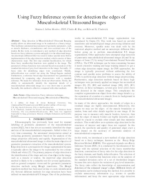 Using Fuzzy Inference system for detection the edges of Musculoskeletal Ultrasound Images Thumbnail