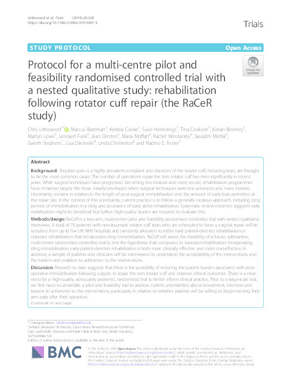 Protocol for a multi-centre pilot and feasibility randomised controlled trial with a nested qualitative study: rehabilitation following rotator cuff repair (the RaCeR study) Thumbnail