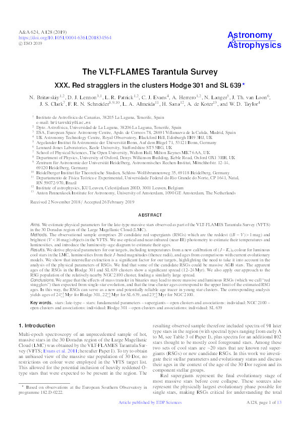 The VLT-FLAMES Tarantula Survey - XXX. Red stragglers in the clusters Hodge 301 and SL 639 Thumbnail