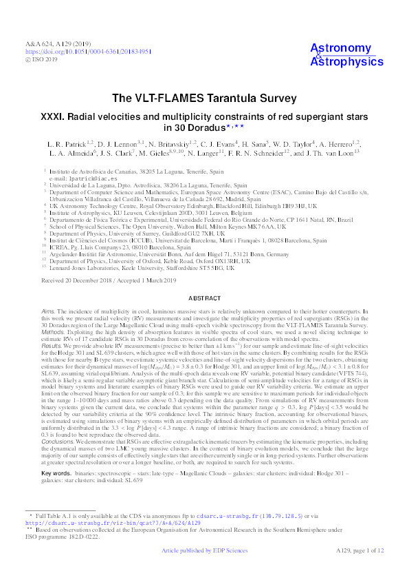 The VLT-FLAMES Tarantula Survey - XXXI. Radial velocities and multiplicity constraints of red supergiant stars in 30 Doradus Thumbnail