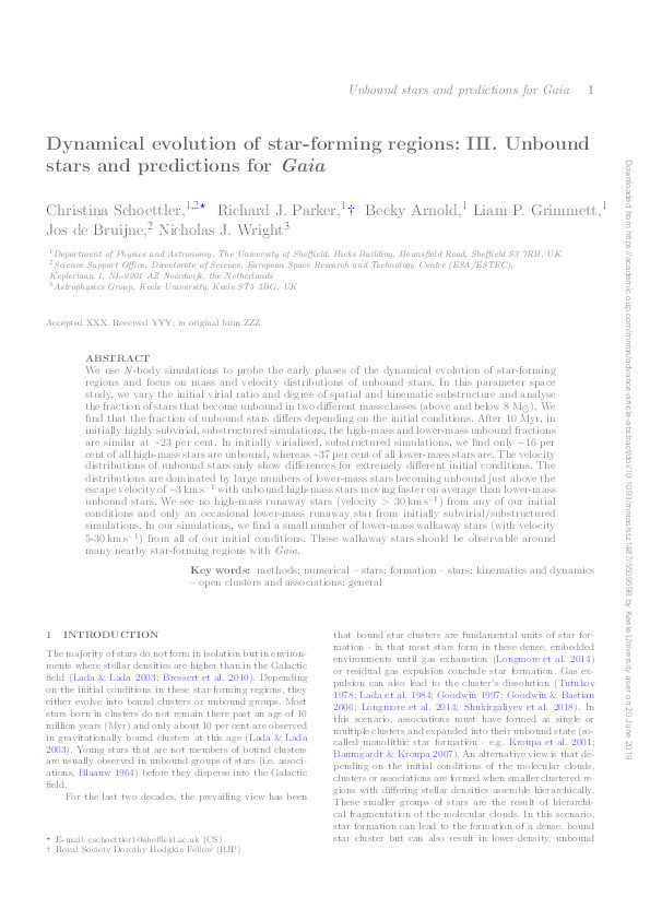 Dynamical evolution of star-forming regions: III. Unbound stars and predictions for Gaia Thumbnail