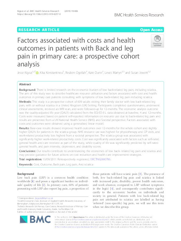 Factors associated with costs and health outcomes in patients with Back and leg pain in primary care: a prospective cohort analysis Thumbnail