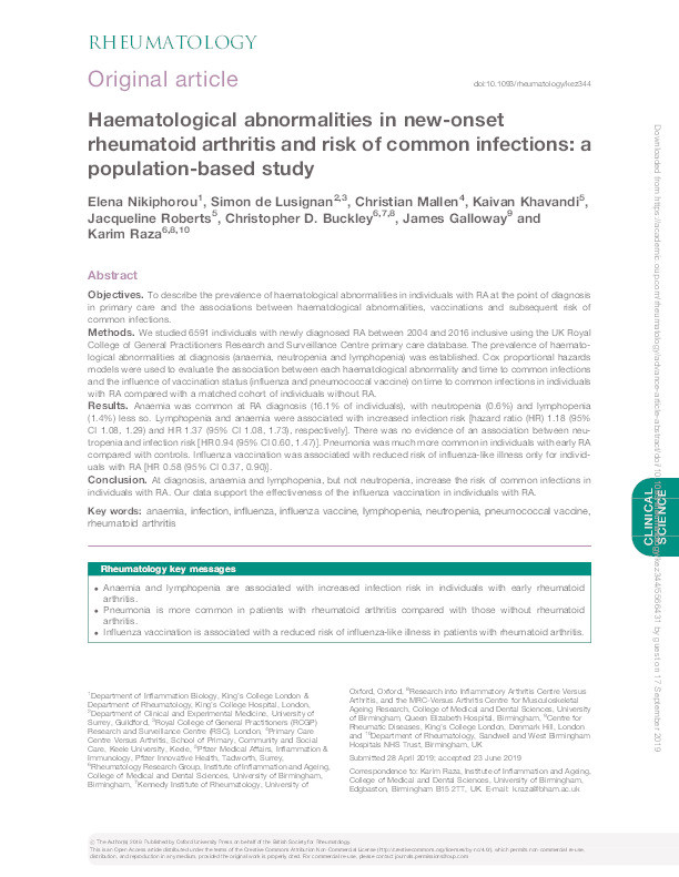 Haematological abnormalities in new onset rheumatoid arthritis and risk of common infections: a population-based study Thumbnail