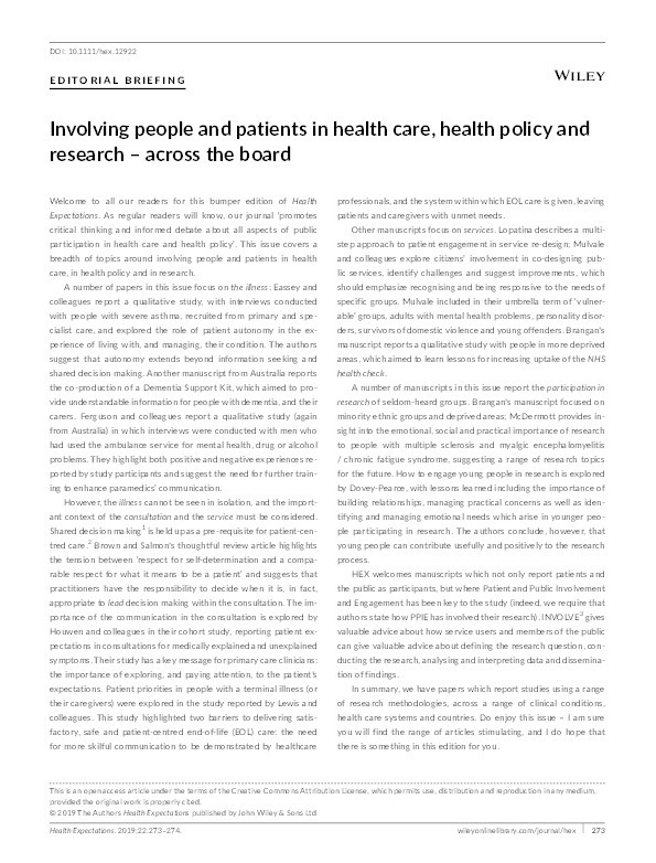 Involving people and patients in health care, health policy and research - across the board. Thumbnail