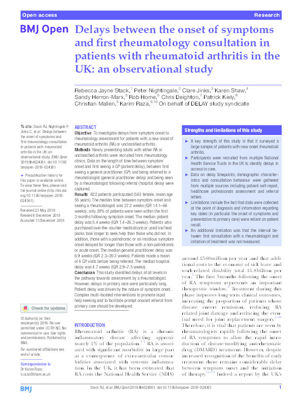 Delays between the onset of symptoms and first rheumatology consultation in patients with rheumatoid arthritis in the UK: an observational study. Thumbnail