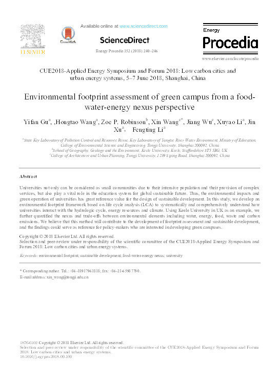 Environmental footprint assessment of green campus from a food-water-energy nexus perspective Thumbnail